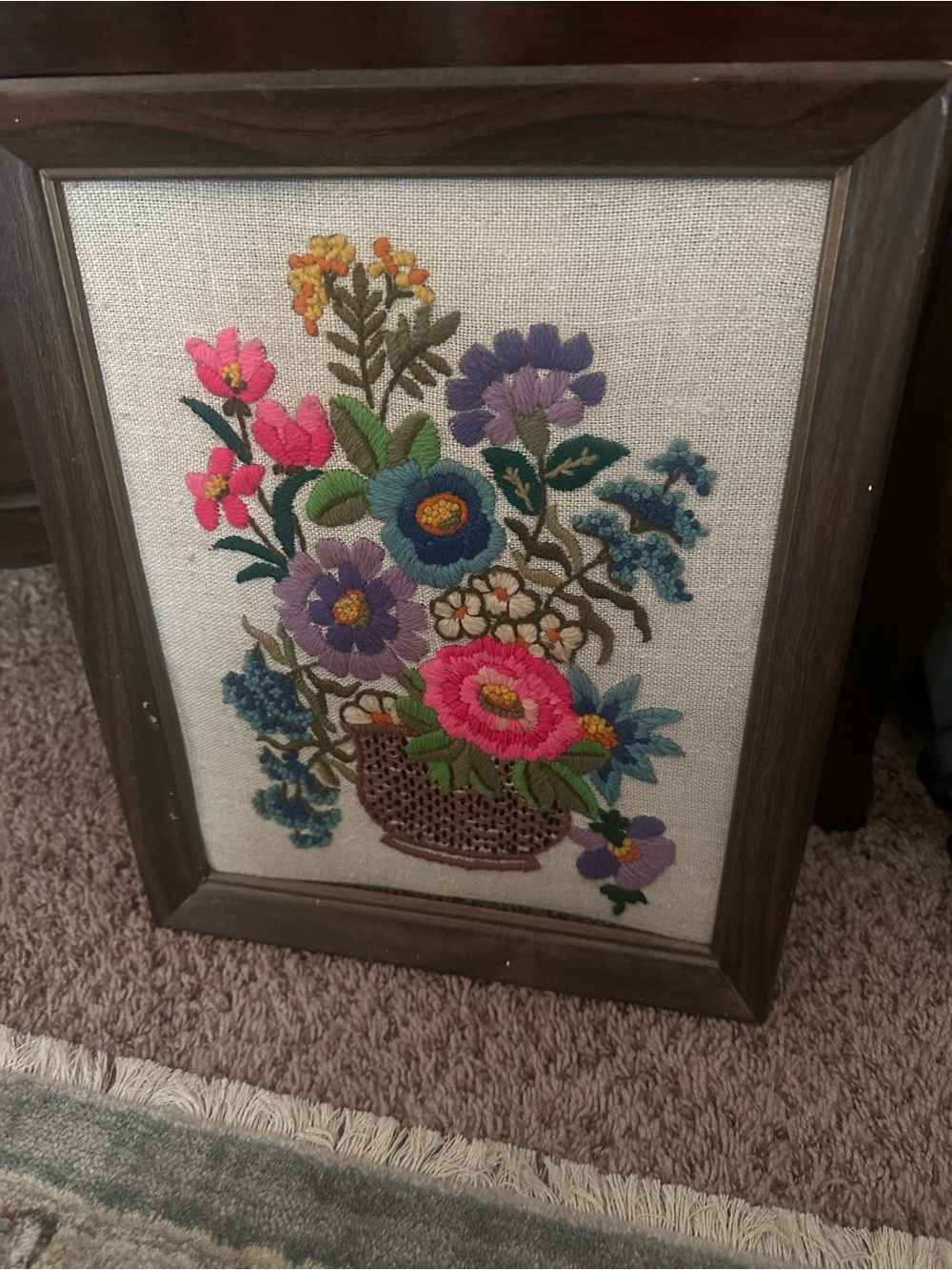 Framed Floral Embroidered Basket Artwork - Multicolor